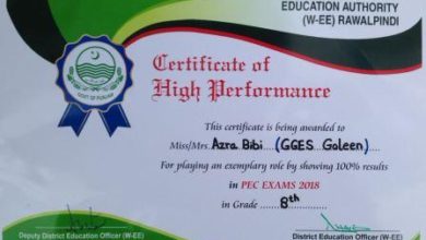 Gujar Khan; Gov girls elementary school, Goleen awarded performance certificate