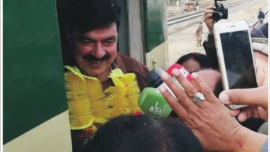 Gujar Khan; Railway Minister Sheikh Rasheed Ahmed arrives at Gujar khan railway station to make announcenemnt