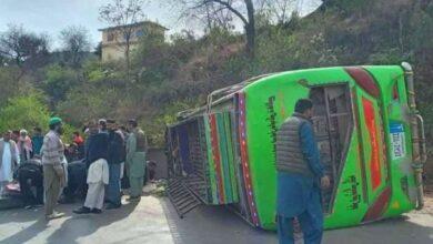 Kahuta; Rawalpindi bound fast bus overturned while cutting a dangerous bend at Tapiyali