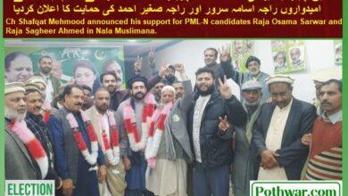 Kallar Syedan: Ch Shafqat Mehmood announced his support for PML-N candidates Raja Osama Sarwar and Raja Sagheer Ahmed in Nala Muslimana.